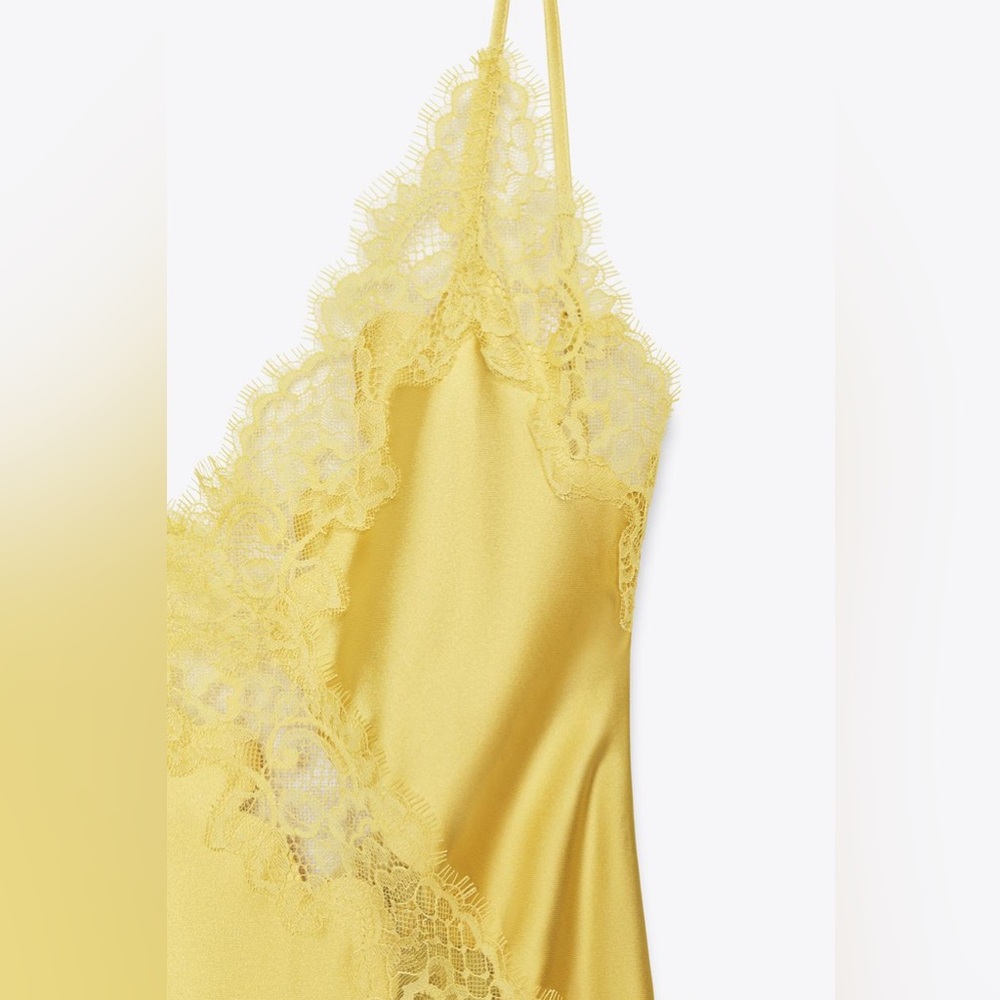 ZARA Yellow Satin Midi Slip Dress with Lace, New Medium - Picture 9 of 17